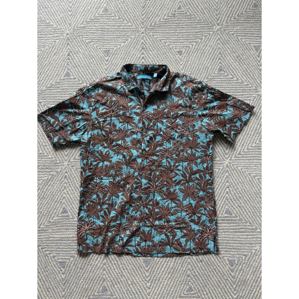 Tori Richard Short Sleeve Button Shirt - Blue/Brown Pattern - Medium